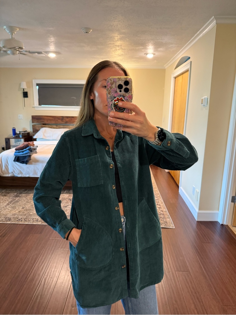 Corduroy Long Shirt Jacket in Teal